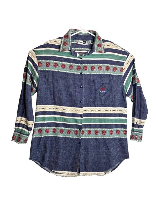 krazy kat Tops - Krazy Kat Vintage 1995 Denim Shirt 14 16 L Rose Embroidered Striped Button Up